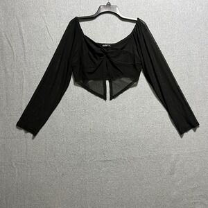 Aster Y2K Black Sheer Mesh Long Sleeve Twist Front Smocked Back Crop Top Large